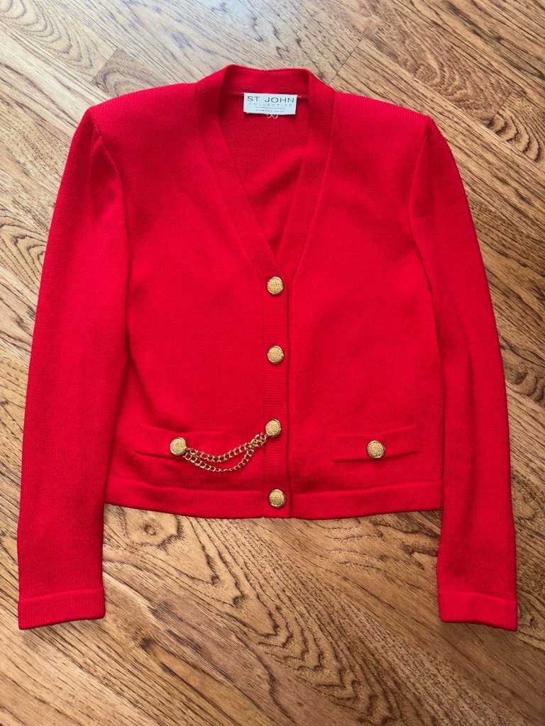 Vtg St John Marie Gray Santana Knit Red Jacket & Pants Suit Gold Buttons Size 6 — image 2 of 6
